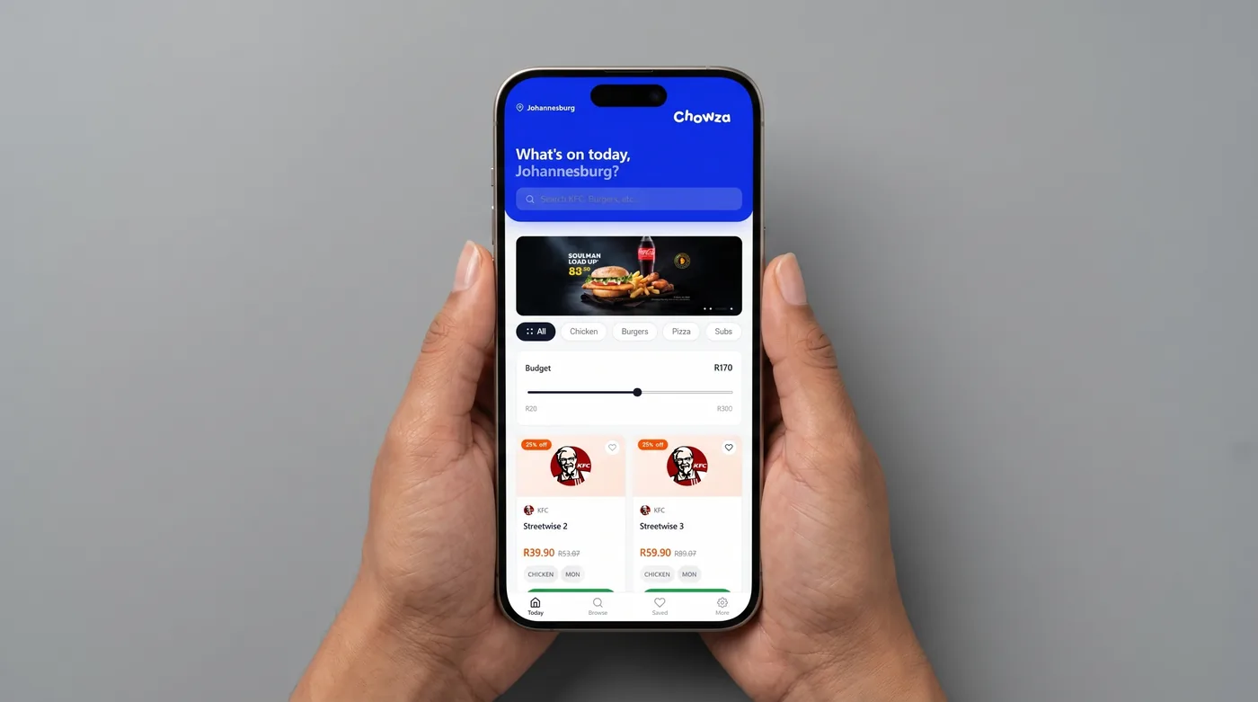 The Chowza app held in two hands, showing restaurant deals and a budget slider
