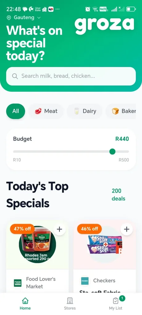 The Groza home screen with category filters, a budget slider and the top specials of the day