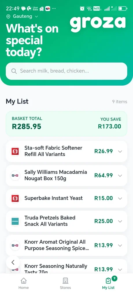A Groza shopping list showing a basket total of R285.95 and R173 saved