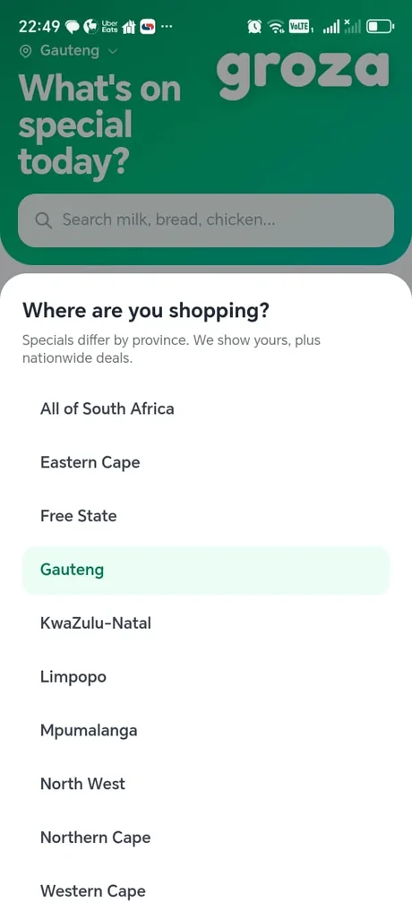 The Groza province picker, listing all nine South African provinces