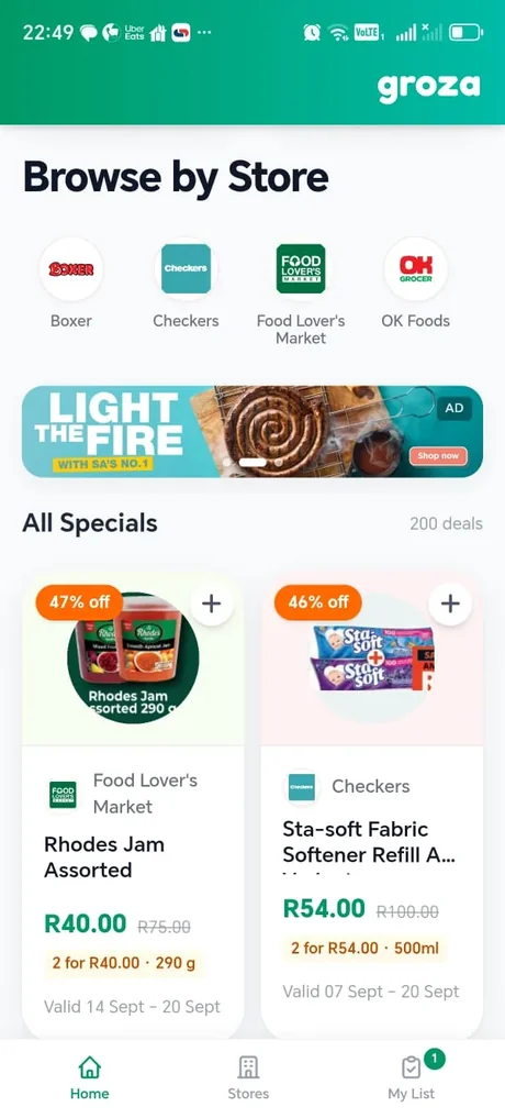 Browse by store in Groza, with two hundred specials listed beneath it