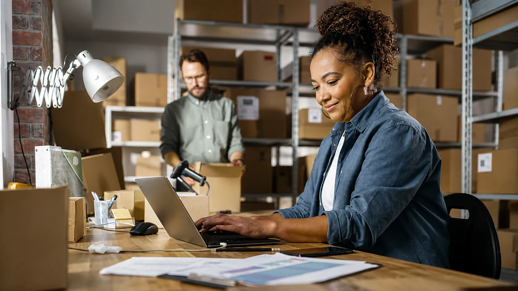 A woman working at a laptop in a stockroom while a colleague scans a box behind her.