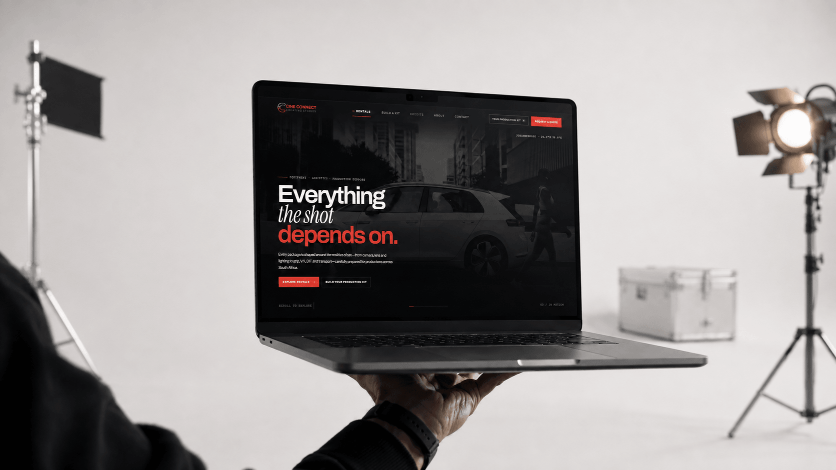 Cine Connect production rental website displayed on a laptop in a film studio