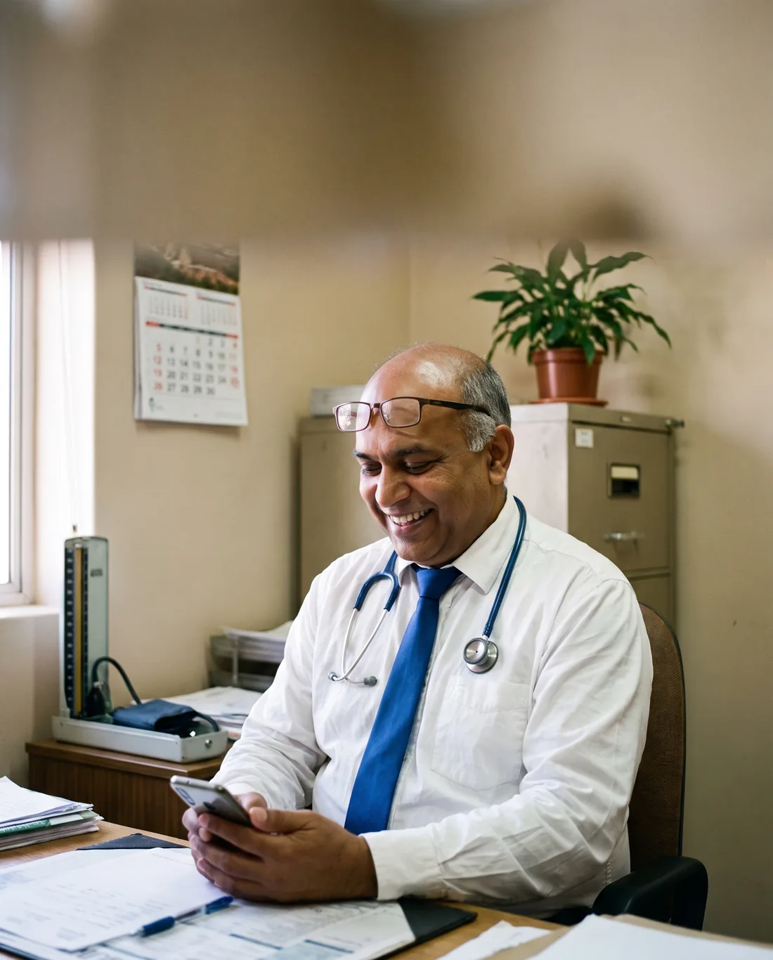A GP at his desk, smiling at a new booking on his phone