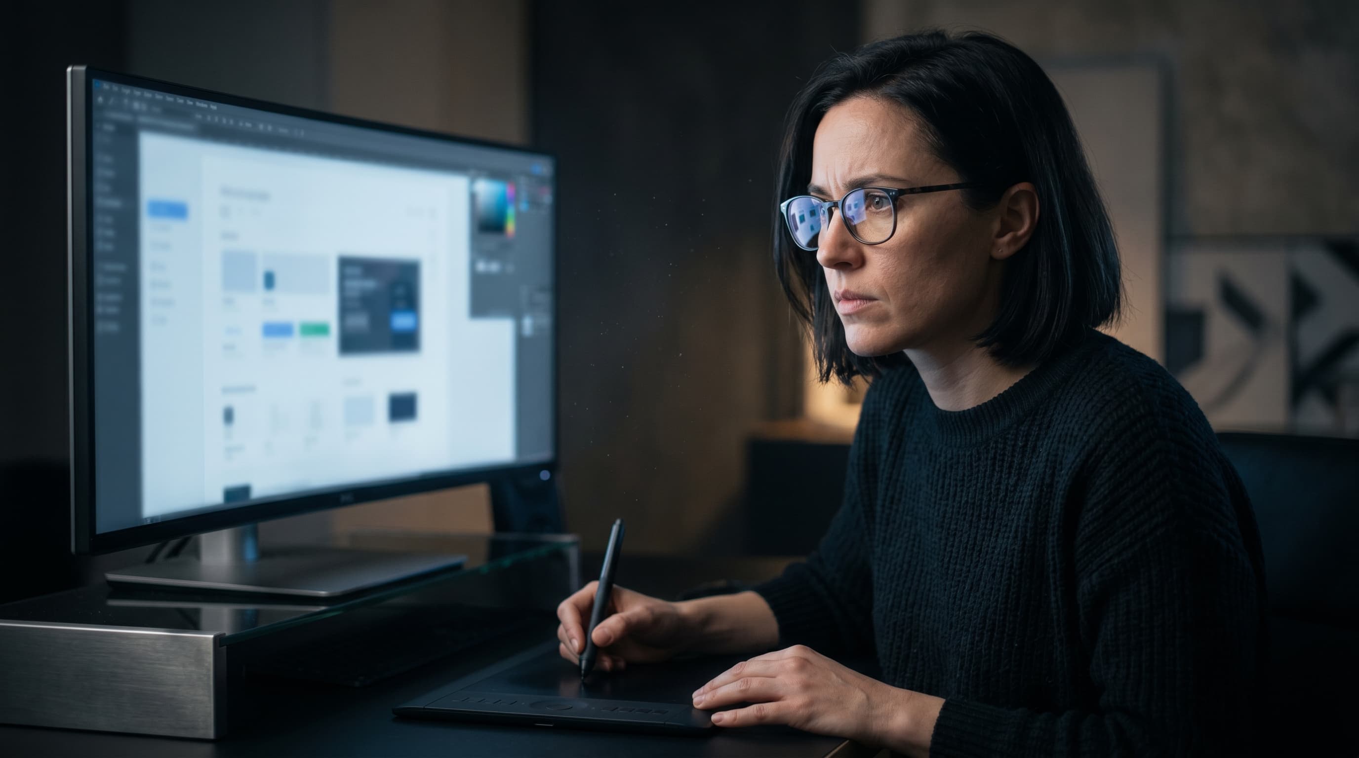 Designer reviewing commercial creative work at a production desk